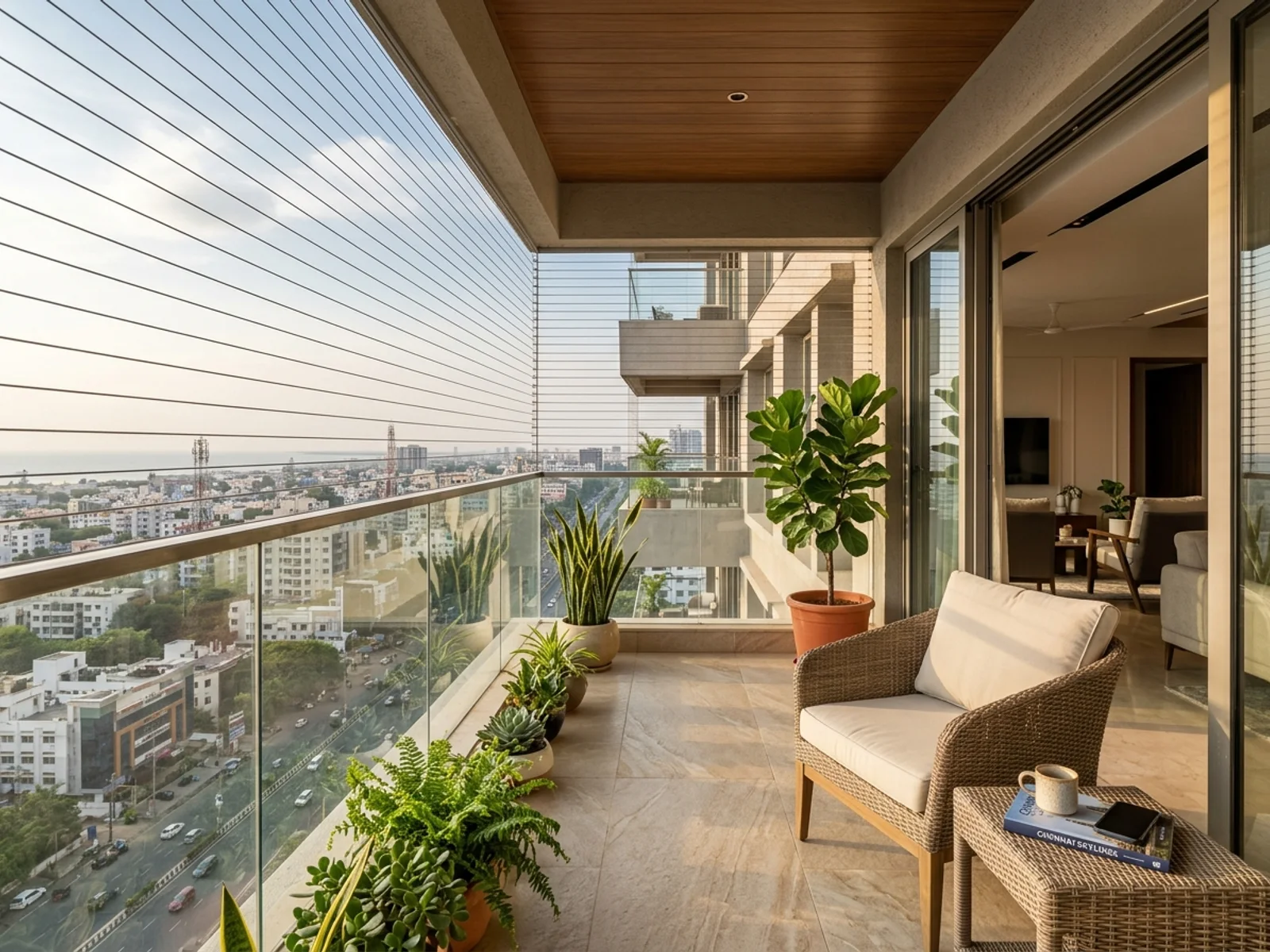 Invisible grill cables installed on a Chennai apartment balcony, keeping the outdoor view fully open